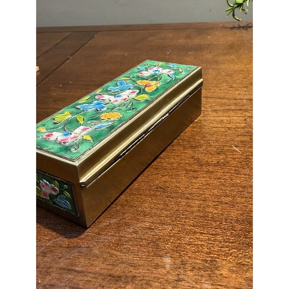 VTG CHINESE CLOISONNE ENAMEL BRASS HINGED STAMP TRINKET BOX MARKED - Picture 7 of 11